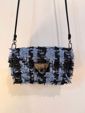 Furla Frayed Tweed Crossbody Bag in Light Blue and Black
